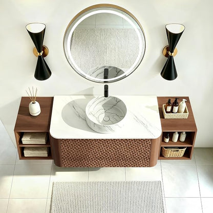 60 Inch Modern Bathroom Vanity with Ceramic Sink, Floating Bathroom Sink Cabinet with Sintered Stone Top&Solid Wood Hammered Frame, Single Bathroom Vanities w/Soft-Close Drawer&2 Side Open Cube