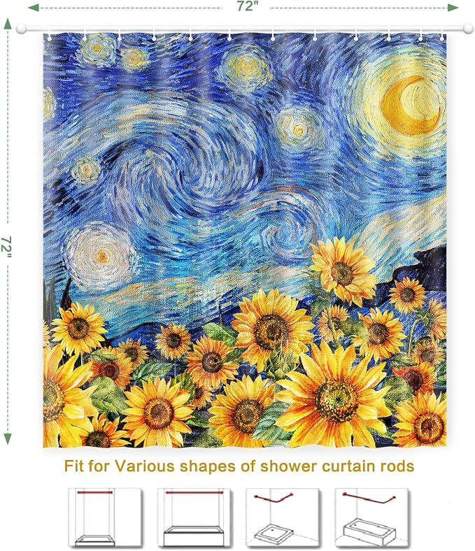 Shower Curtain Starry Night Sunflowers Van Gogh Inspired Art Decor 72x72 | Shower Curtain for Bathroom Waterproof Washable Bath Curtains with Hooks Home Office Farmhouse Bathroom