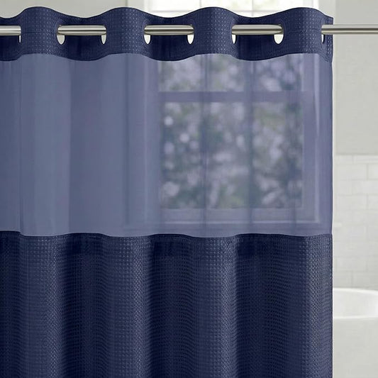 Americanflat 72x75 Hookless Waffle Pattern Shower Curtain - Water-Resistant Long Shower Curtain with Sheer Panel, Snap-in Liner, and Durable Grommets - 100% Polyester - Blue