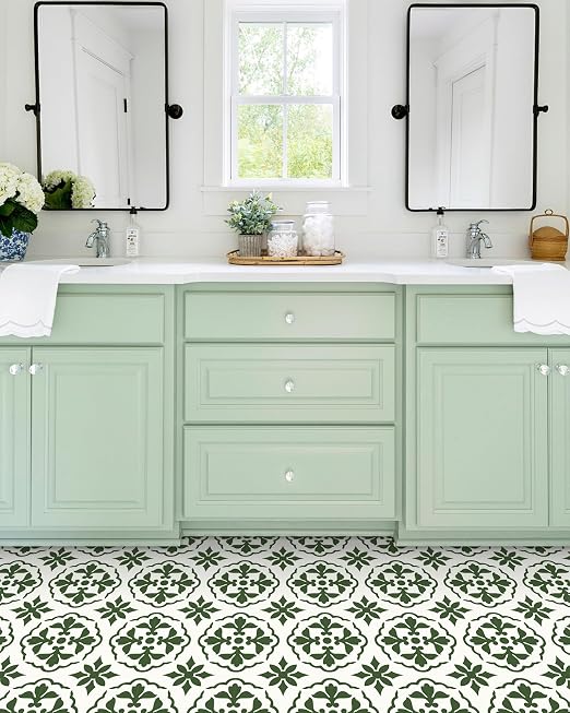 MORCART 20PCS 7.87" x 7.87" Peel and Stick Floor Tile, Green Retro Design | Self-Adhesive DIY Vinyl Flooring, Removable and Waterproof Tile Sticker for Bathroom, Kitchen, Wall, Bedroom, Stairs