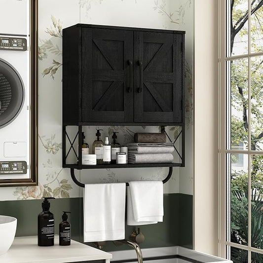 RUSTOWN Farmhouse Medicine Cabinet with 2 Barn Door, Wood Wall Mounted Storage Cabinet with Adjustable Shelf and Towel Bar, 3-Tier Bathroom Cabinet for Bathroom, Living Room(Black, Medium)