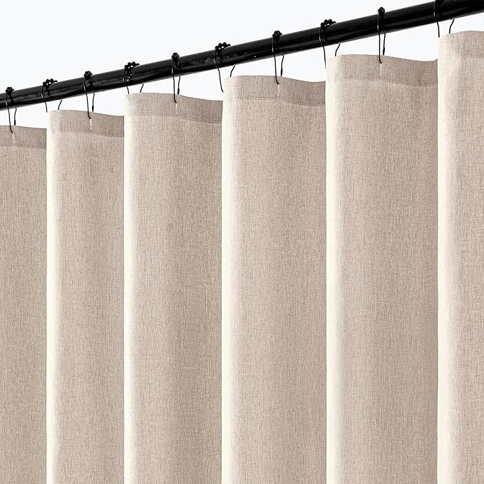 ANRODUO Beige Linen Textured Fabric Shower Curtain Set - W72xL84 | Farmhouse Shower Curtain with 12 Metal Hooks, Waterproof Heavy Duty, Button Hole Design, Machine Washable for Bathroom