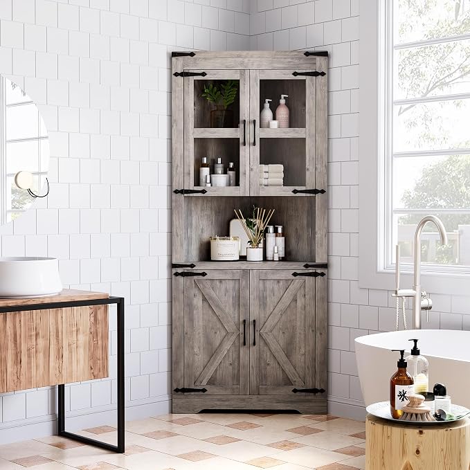 GarveeHome Tall Corner Cabinet, Farmhouse Corner Storage Cabinet with Glass Door & Adjustable Shelves, Space Saving Storage for Living Room, Kitchen, Bathroom, Washed Grey
