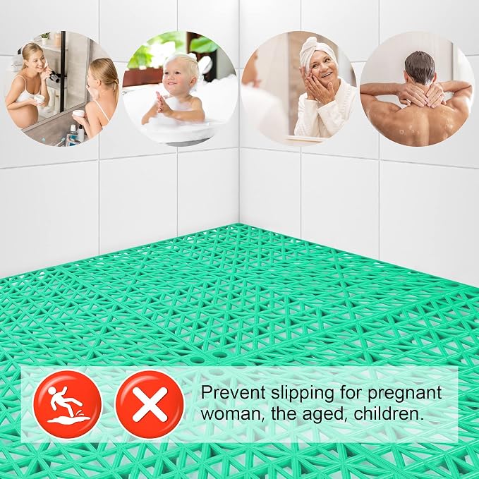 Modular Interlocking Cushion 12 Pack 11.8" x 11.8" Rubber Floor Tiles Non-Slip Splicing Drainage Mats for Deck, Pool, Outdoor Shower, Patio, Balcony, Indoor Bathroom, Kitchen, Yard (Green)