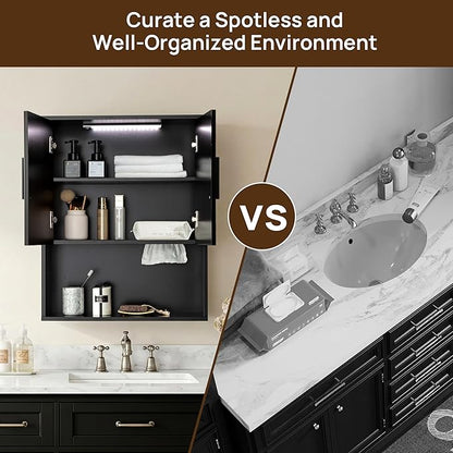 Modern Fluted Bathroom Wall Cabinet with Motion Sensor LED Light, Black Over The Toilet Storage with Tissue Dispenser, Soft-Close Hanging Medicine Cabinet with Adjustable Shelves & Open Rack