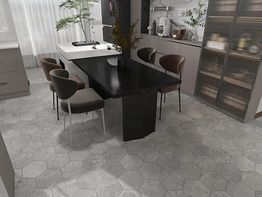 W&S 1-Sheet Light Gray Hexagon Peel and Stick Floor Tile, Faux Stone Peel and Stick Backaplash Tile for Wall, Self Adhesive Flooring DIY for Bathroom, Kitchen, Living Room, RV