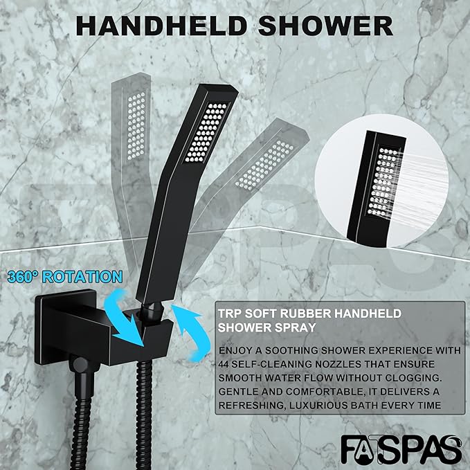 Shower System with Tub Spout, 10-Inch High-Pressure Rain Showerhead and Handheld Combo, Matte Black Shower Faucet Set with Rough-in Valve and Trim, Wall Mounted 3-Way Shower Set