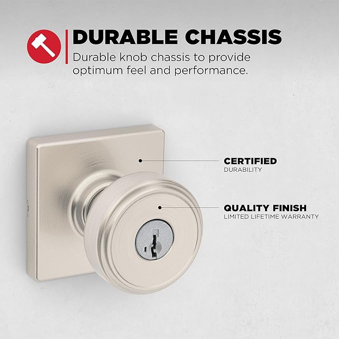 Kwikset Maven Entry Door Knob with Lock and Key, Secure Keyed Handle Exterior, Square Front Entrance and Bedroom, Satin Nickel, Pick Resistant SmartKey Rekey Security and Microban