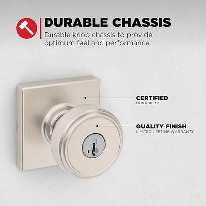 Kwikset Maven Entry Door Knob with Lock and Key, Secure Keyed Handle Exterior, Square Front Entrance and Bedroom, Satin Nickel, Pick Resistant SmartKey Rekey Security and Microban