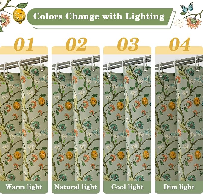 Green Floral Bird Shower Curtain 72x72, Hummingbird and Lemon Botanical Fabric Bath Curtains, Lightweight Quick-Dry Bathroom Decor Set with Hooks, Light Green