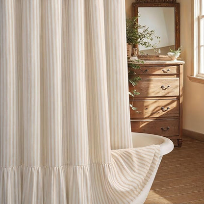 Farmhouse Shower Curtain Ruffle Linen Cream-Beige Stripe 72"W x 96"L | Farmhouse Boho, Striped, Bottom Ruffle, Linen Fabric, Rustic, Country, Natural Look, Washable, for Bathroom Bathtub