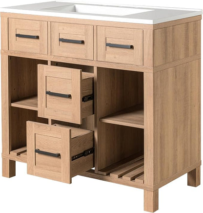 36" Mid-Century Bathroom Vanity with SMC Sink (Natural Wood Style2, 36") | Ample Storage Space with 2 Drawers, Adjustable Shelves & Open Breathable Hollow Shelf, Smooth Drawer Slides