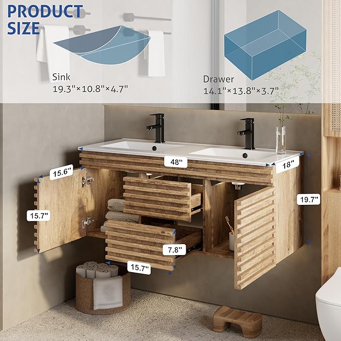 eclife 48" Floating Bathroom Vanity with Sink Combo Mid-Century Wall Mounted Cabinet with Wood Stripes Decor, Drawers, Undermount Double Sink, Faucet, Drain, Light Walnut