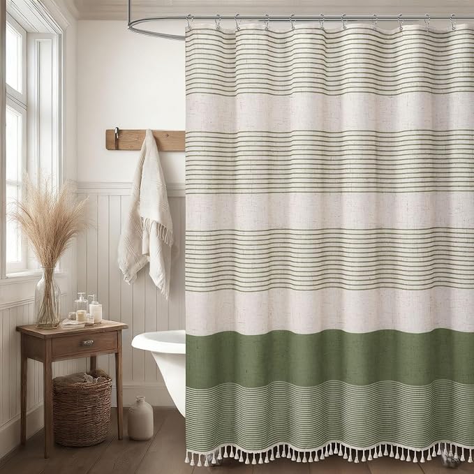 Sage Green Boho Linen Striped Shower Curtain with Tassel 72"W X 90"L | Boho Farmhouse Shower Curtains with Linen Texture for Bathroom Decor