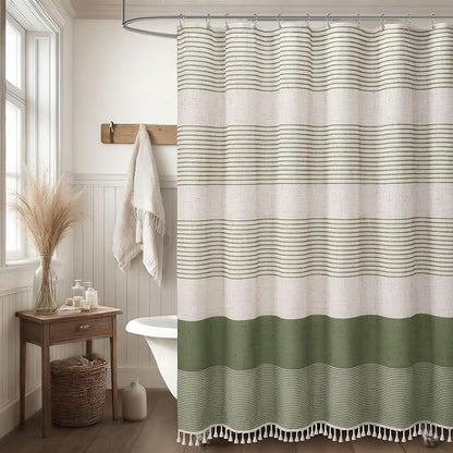 Sage Green Boho Linen Striped Shower Curtain with Tassel 72"W X 72"L | Boho Farmhouse Shower Curtains with Linen Texture for Bathroom Decor
