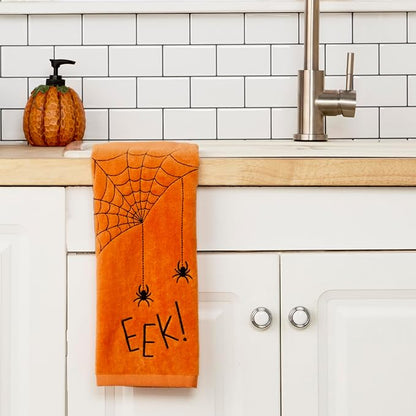 SKL Home Halloween Eek Hand Towel Set-2pc, 100% Cotton, Embroidered, Orange | Soft, embroidered velour. Great for the bathroom, kitchen or bar & gift.