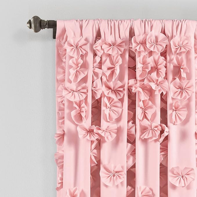 Lush Decor Riley Light Filtering Window Curtain Panel, Single 54" W x 63" L, Pink - Cute Pink Curtains for Bedroom - Bow Decor - Coquette Curtains for Windows