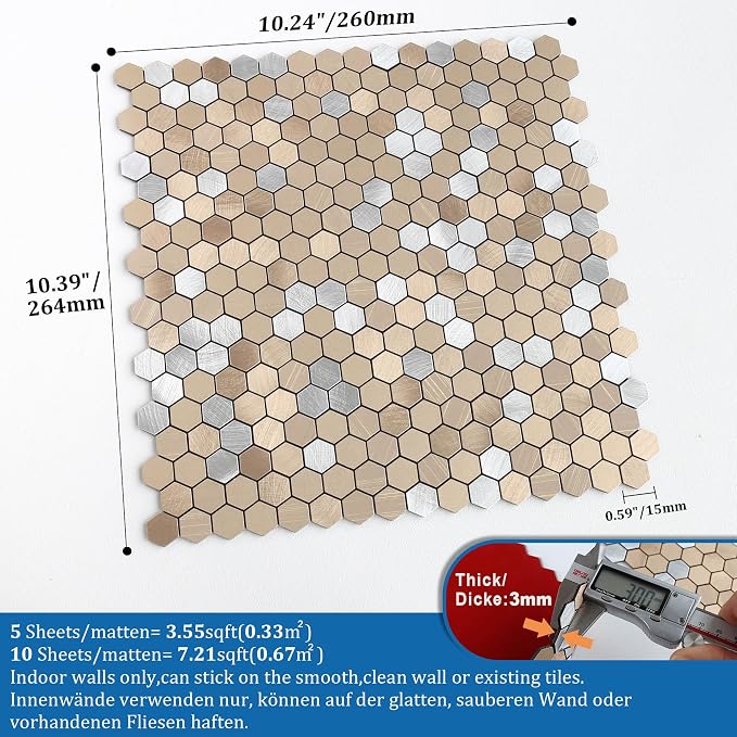 Stripe Hexagon Backsplash Tile Peel and Stick Brown 10pcs