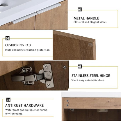 60 Inch Floating Vanity, 60" Bathroom Vanity with Sink, Double Sink Wall Mounted Vanity Combo, Modern Brown Bathroom Vanity Set with 4 Doors and White Basin Sink