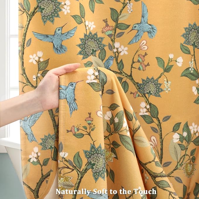 Mustard Yellow Cotton Floral Shower Curtain,Vintage Anthropologie Shower Curtains for Bathroom,72Wx84H