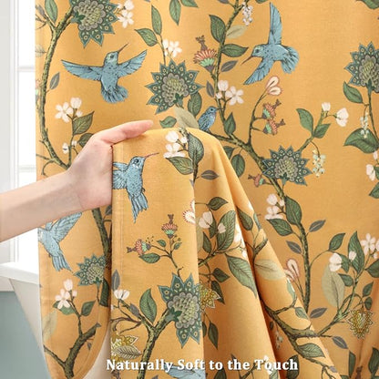 Mustard Yellow Cotton Floral Shower Curtain,Vintage Anthropologie Shower Curtains for Bathroom,72Wx72H