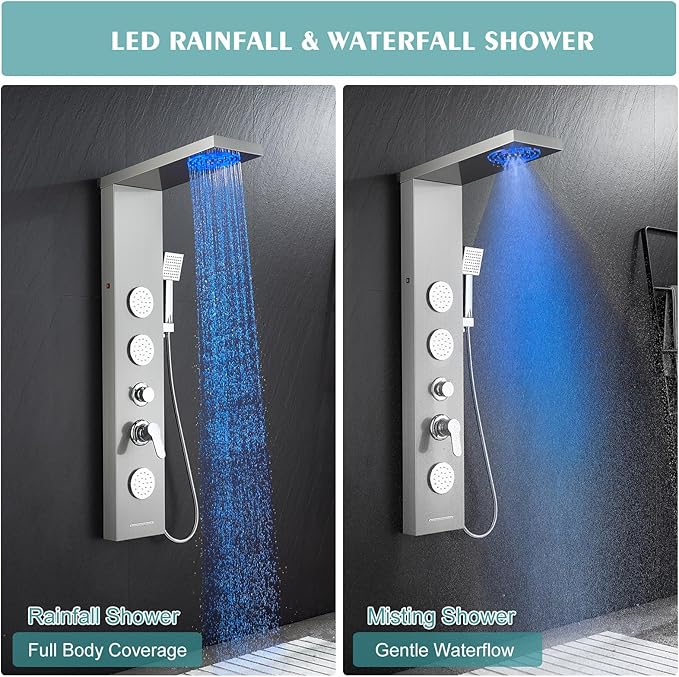 Shower Panel Tower System for Bathroom - 5 In 1 Full Body Shower Tower With Led, Rainfall Shower Head With Powerful Body Jets, Handheld Shower and Tub Spout, Brushed Finish