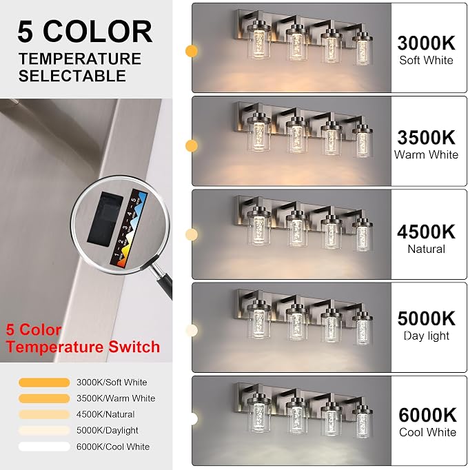MELUCEE 6-Light LED Bathroom Light Fixtures Brushed Nickel 3000K-6000K | Dimmable Bubble Crystal Vanity Lights with Clear Glass, 5CCT Wall Sconce Lamp for Bathroom Restroom, Built-In Led Chips