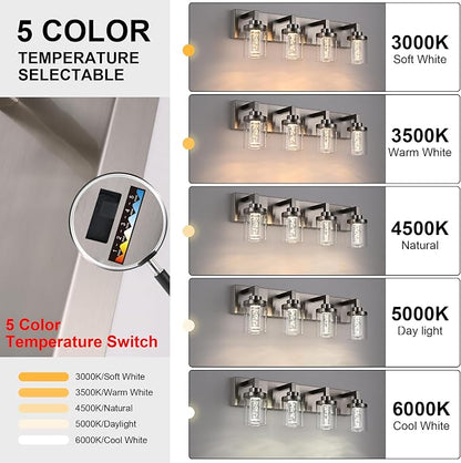 MELUCEE 6-Light LED Bathroom Light Fixtures Brushed Nickel 3000K-6000K | Dimmable Bubble Crystal Vanity Lights with Clear Glass, 5CCT Wall Sconce Lamp for Bathroom Restroom, Built-In Led Chips
