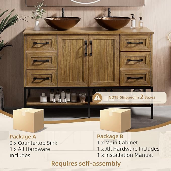 VNN 48 Inch Bathroom Vanity with Sink - Double Sink Bathroom Vanity, Freestanding Cabinet with Open Shelves and 6 Storage Drawers, Modern Iron Wood Cabinet with Countertop Tempered Glass Vessel, Oak
