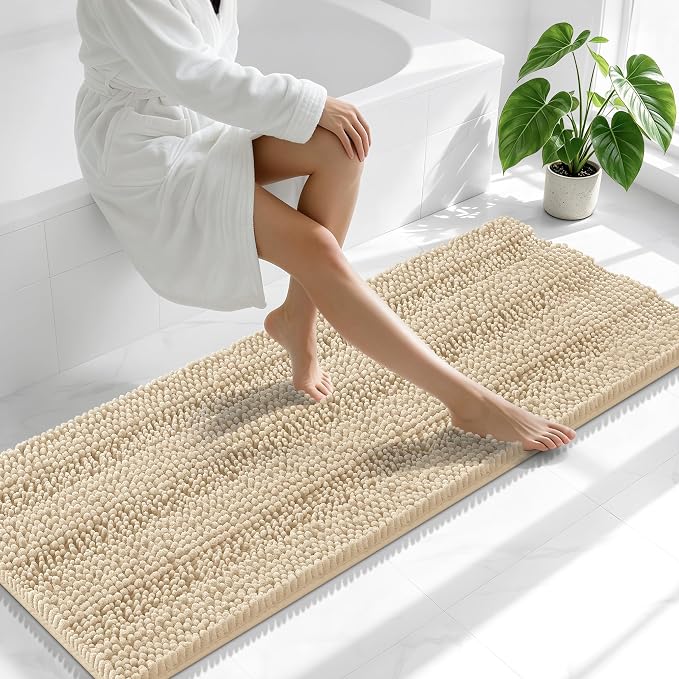 Smiry Thick Chenille Bathroom Runner Rugs 47x20, Absorbent Bath Mat, Beige | Quick‑Dry & Machine Washable, Non‑Slip Bath Carpet, Soft Striped Bath Rugs for Tub & Shower, Modern Home Decor Accessories