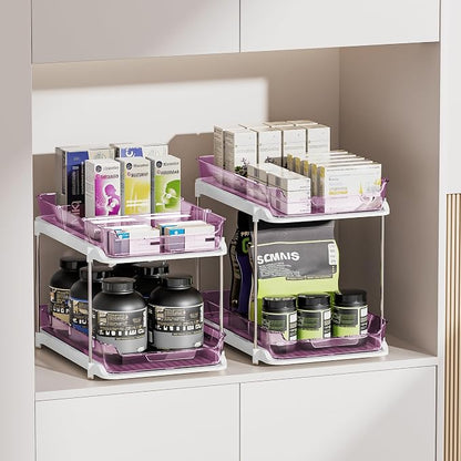 Delamu 2-Tier Multi-Purpose Bathroom Under Sink Organizers and Storage, Stackable Kitchen Pantry Organization, Pull Out Medicine Cabinet Organizer with Movable Dividers, Purple, 2 Pack