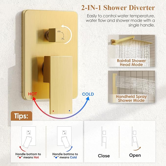 Shower System, Gold Shower Faucet Set with Shower Valve and Trim Kit, 12 Inch Rain Shower Head with Handheld Spray, Brushed Gold Shower Head and Handle Set, High Pressure Shower Head System