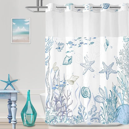 Extra Long No Hook Shower Curtain and Liner Set, Blue Beach Coastal 71x84 | Nautical Ocean for Bathroom, with Snap in Liner Replacement, Mesh Top Window, Waterproof, Machine Washable, Quick-Drying