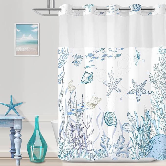 No Hook Shower Curtain and Liner Set, Blue Beach Coastal 71x77 | Nautical Ocean for Bathroom, with Snap in Liner Replacement, Mesh Top Window, Waterproof, Machine Washable, Quick-Drying