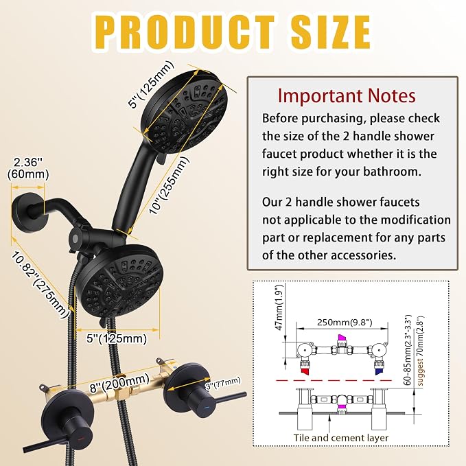 2 Handle Shower Faucet Wall Mounted Two Handles Shower Faucet Set with 8 Modes Rainfall Shower Head and 10 Modes Handheld 2 Knobs Shower Trim Kit with Rough-in Valve, Matte Black