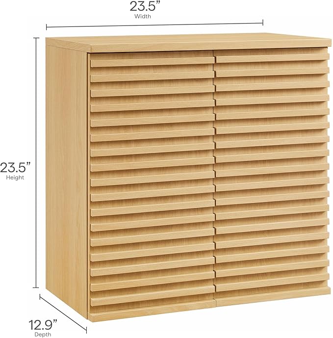 Modway Render Wall Mounted Bathroom Cabinet in Oak - 23.5 Inch Compact Wall Storage with Slatted Doors and Adjustable Shelves for Bathroom or Laundry Room