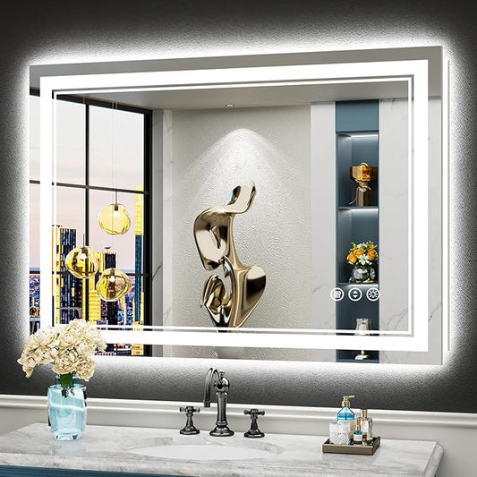44x30 LED Bathroom Mirror with Lights, Backlit and Front Lit Anti-Fog Lighted Vanity Mirrors for Bathroom Wall, Dimmable, 3-Color Light, Memory, Shatter-Proof, HD Tempered Glass, CRI＞90