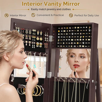 Bonnlo 360° Swivel Jewelry Mirror Cabinet with Inside Makeup Mirror,Full Length Mirror with Jewelry Storage, Lockable Standing Jewelry Armoire Organizer, Espejo Oon Almacenamiento for Bedroom,Brown
