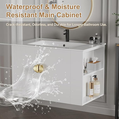 30 Inch Floating Vanity Bathroom with Sink, White Painted Bathroom Vanity Cabinet Combo with Ceramics Sink Top, Soft Close Cabinet Door & Open Storage Right Shelf, Modern Wall Mounted Vanity