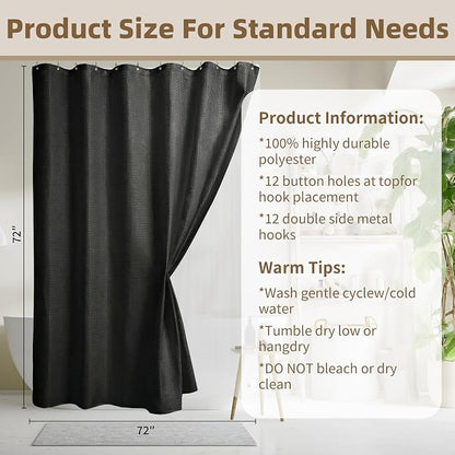 Siiluminisoy Shower Curtain and Liner Set, Waffle Shower Curtain Set with 12 Stainless Steel Hooks, Waterproof Luxury Fabric Shower Curtains for Bathroom and Hotel, Black, 72" W x 72" H