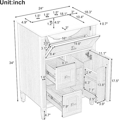 24" Modern Bathroom Vanity with Ceramic Sink, Solid Wood Frame Freestanding Storage Cabinet w/2 Drawers & Tilt-Out Drawer, Door Rack & Adjustable Shelf, Golden Metal Handles, Wood