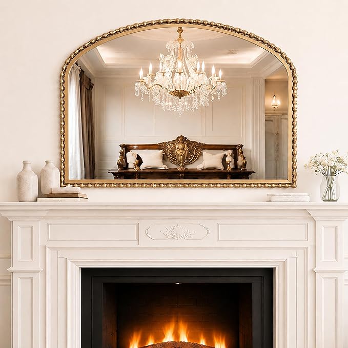 36"x28" Wide Arched Wall Mirror, Antique Gold Bold Beaded Frame | Large statement mirror for fireplace mantel, vintage decorative horizontal wall mount for entryway, living room, bathroom