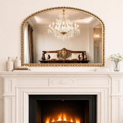 36"x28" Wide Arched Wall Mirror, Antique Gold Bold Beaded Frame | Large statement mirror for fireplace mantel, vintage decorative horizontal wall mount for entryway, living room, bathroom