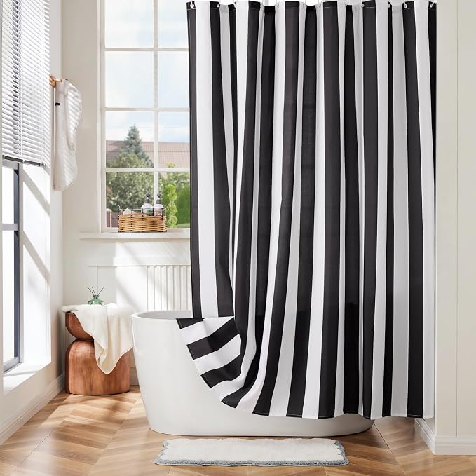Ohocut Vertical Striped Shower Curtain, Cute Retro Vintage Stripe Bathroom Shower Curtain, Waterproof Polyester Fabric Modern Bath Curtain for Bathroom 72x72 Inches Black and White