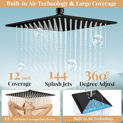 12" Black Rain Shower Head with Handheld Spray and 16" Extension Arm | High Pressure with Flexible Adjustment of Height/ Angle Upgraded Arm and 5 Setting Handheld Shower Head with Hose, Anti-leak