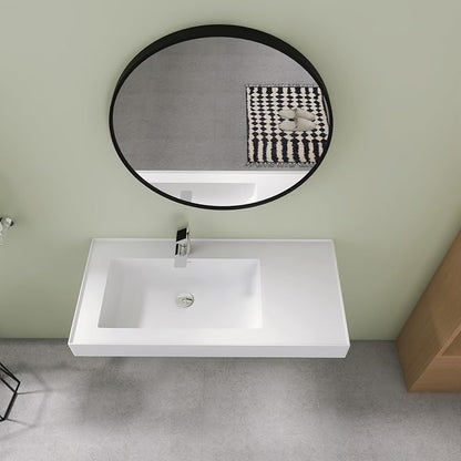 SJ Star&Jane 42" x 18" in Solid Surface Bathroom Sink, Wall-Mount Vessel Sink, Rectangle Floating Vanity Sink in Matte White, Durable Modern Design