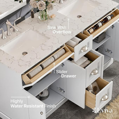 Eviva White 60 inch Bathroom Vanity with Sink - Porcelain Round-Bathroom Vanity Double Sink-Solid Wood 60" Vanity Bathroom Sink-Marble Top Double Vanity Sink Cabinet