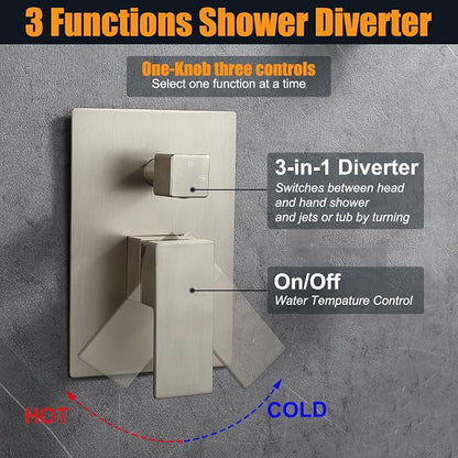 Enga Shower System Body Jets with On-Off Switch, 16 Inch Rain Shower Head System Full Body Spray Massage Shower Set, Multi Head Shower Faucet Combo, Brushed Nickel