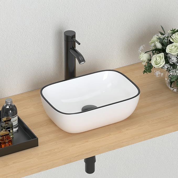 J-FAMILY 14.5'' x 10'' Bathroom Small Vessel Sink Above Counter White Porcelain Ceramic Sink Bowl Black Trim Decoration Small Vanity Sink Lavatory Wash Basin