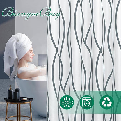 Fabric Modern Shower Curtain-Dark Grey & White Shower Curtains for Bathroom | 72"W x 72"L Textured Faux Linen Luxury Hotel Quality Washable-Abstract Wavy Cloth Bath Curtain-Apartment Minimalist Decor